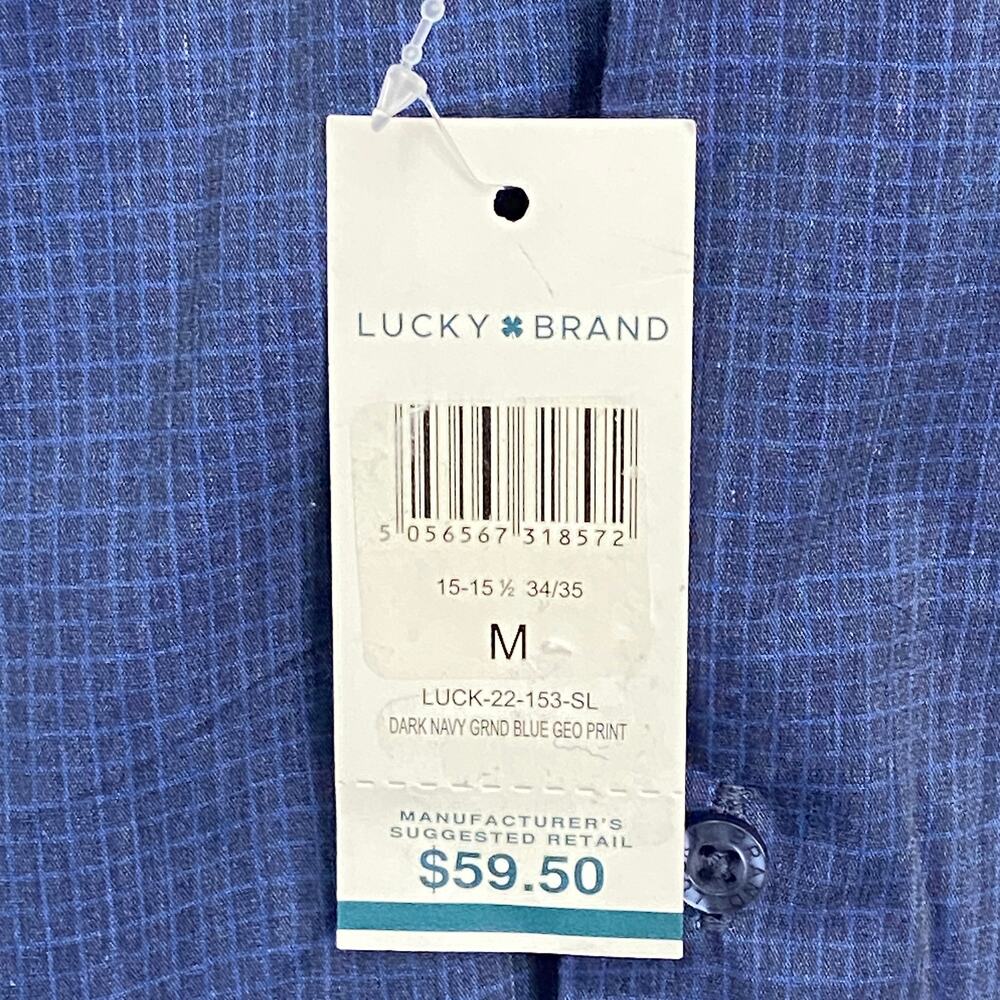 Lucky Brand Dress Shirt Men's 15-15.5 34/35 Slim Fit Blue Geo Print Stretch NEW - Picture 12 of 14